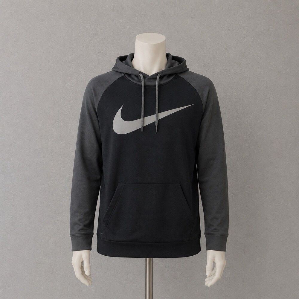 Nike Dri-FIT Hoodie Men XL Black Gray Swoosh Athletic Pullover Sweatshirt